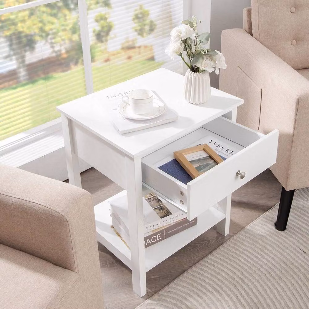 SPETLEK Set of 2 Modern 2-Tier Nightstands and Sofa Side Tables with Drawer in White – 3