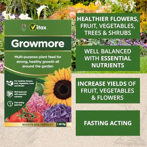 Vitax Growmore General Purpose Granular Fertiliser for Vegetables, Ornamental Gardens and Lawns, 1.25kg – 2
