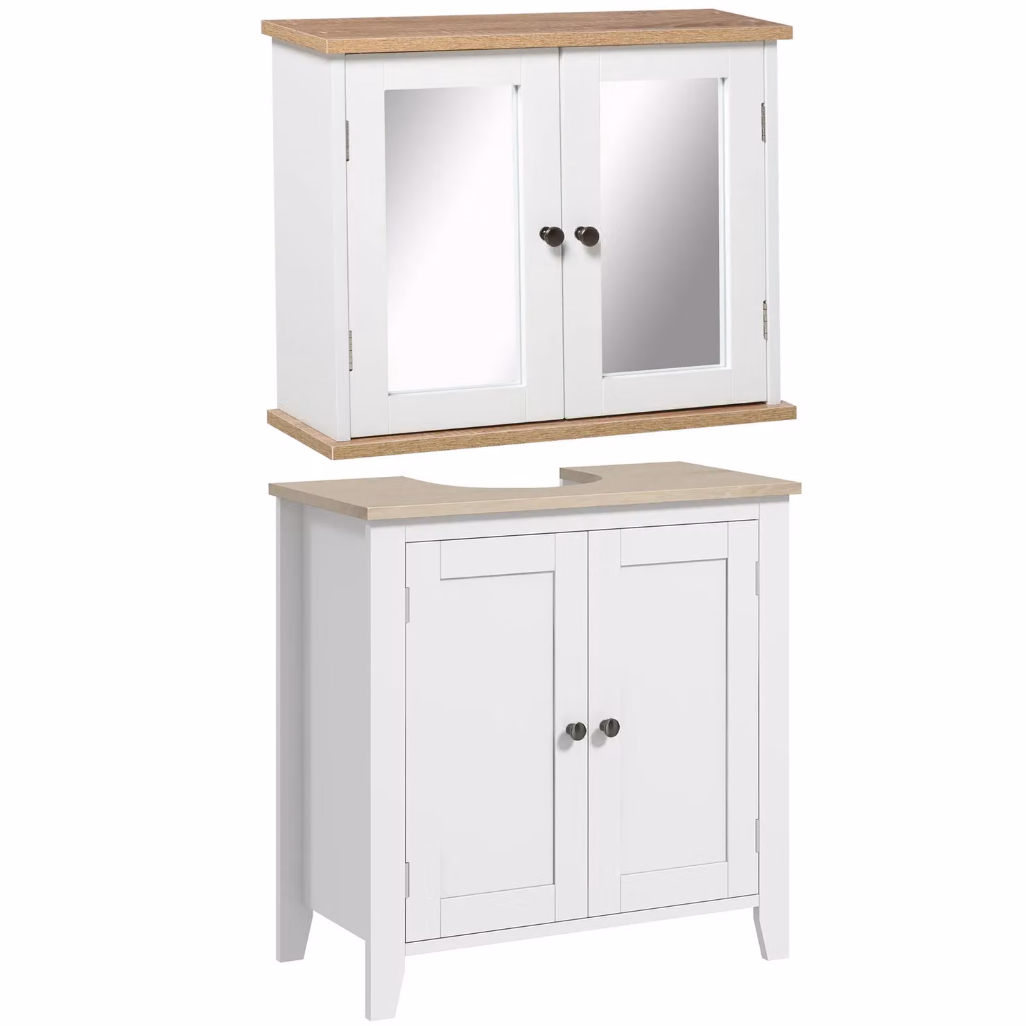 Kleankin Modern Wall Mounted Bathroom Mirror Cabinet and Vanity Unit in White and Wood Grain, W: 60 cm, H: 60 cm