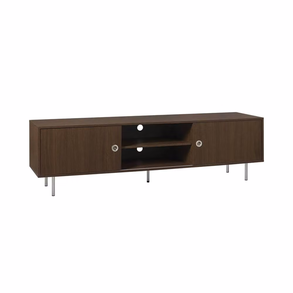 sweeek Vintage TV Stand with Wood Decor and Stainless Steel, 2 Doors, Dark Brown, Width: 180 cm – 2