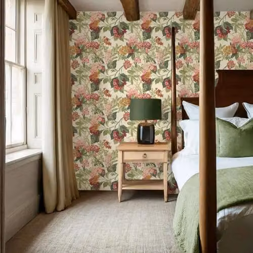Belgravia Decor Misaki Floral Bold Flower Themed Wallpaper in Sage Green and Orange – 2