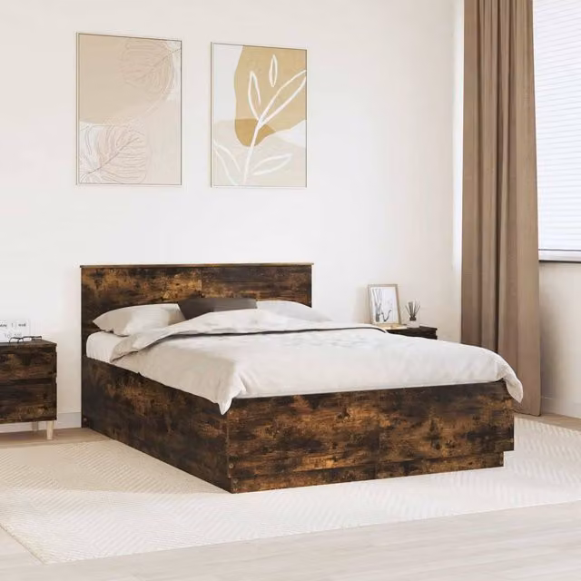 Berkfield Home Modern Smoked Oak Bed Frame in Brown with Under-Bed Lighting and USB Charging Port, W: 150 cm, D: 200 cm