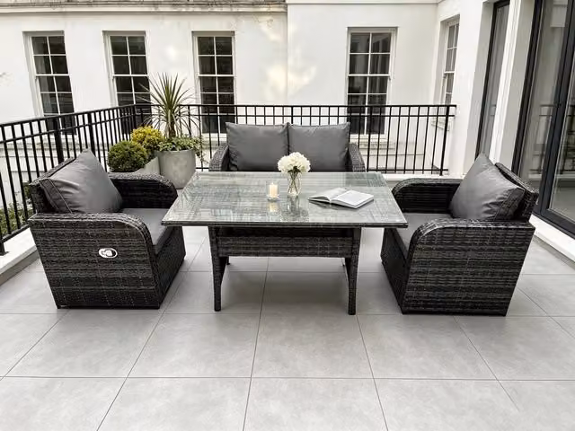 Fimous Grey Polyrattan Garden Furniture Set with 4 Reclining Seats and Glass Top Table