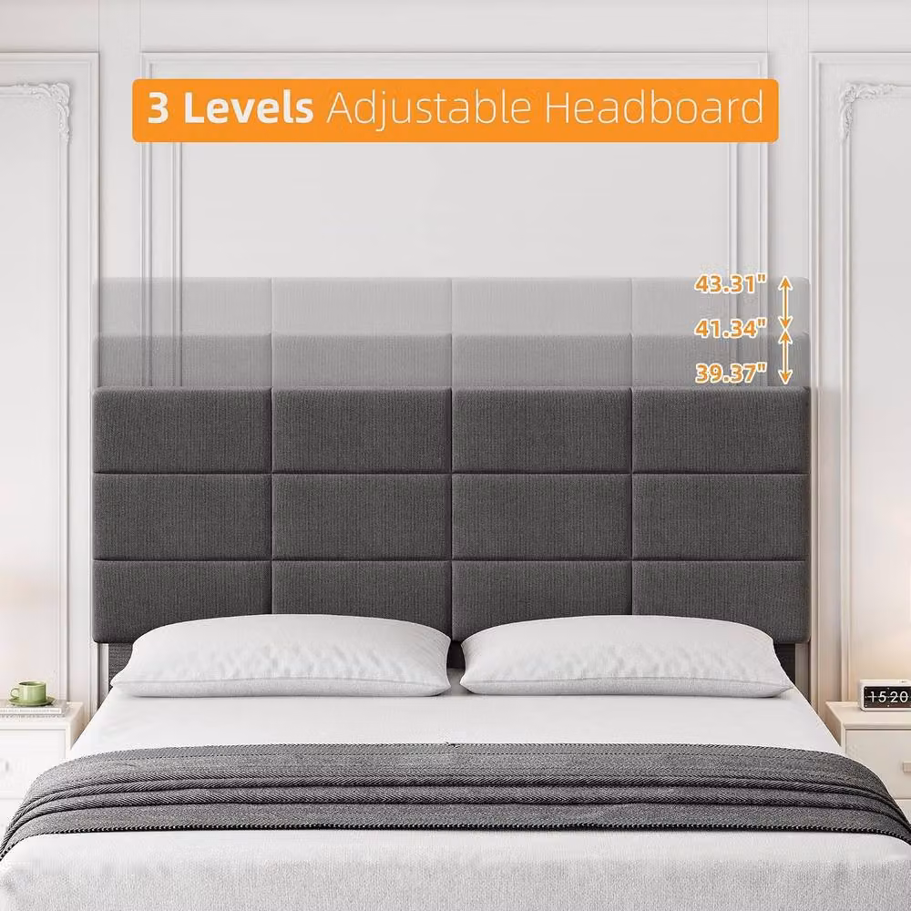 London Boutique Grey Upholstered Linen Platform Bed Frame with Headboard W/D/H: 190 x 135 x 110 cm – 4