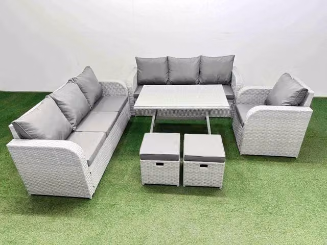 Fimous 6 Piece Outdoor PE Rattan Garden Furniture Set with 2 Small Stools in Light Grey