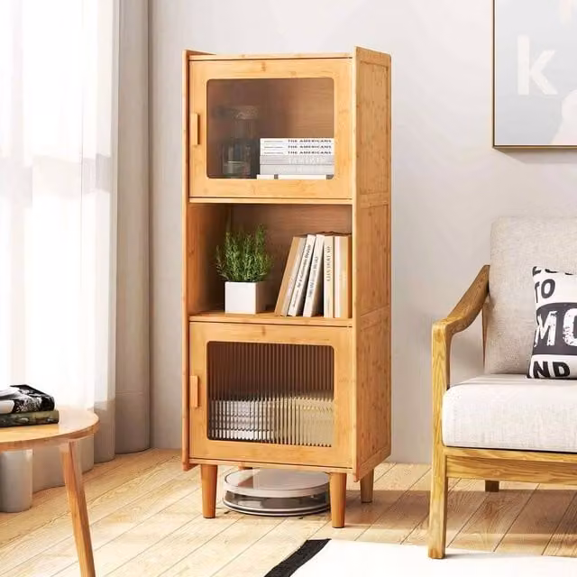 KORVIXA Modern Bamboo Small Corner Sideboard Storage Organizer in Sand Brown – 1