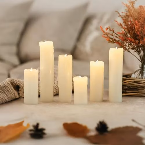Marco Paul Interiors 6-Pack Battery Operated LED Flameless Flickering Pillar Candles in Warm White Real Wax with Timer – 5