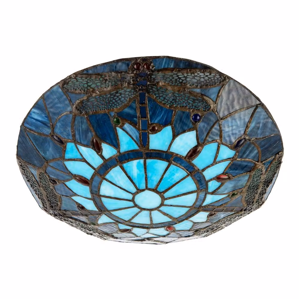 Happy Homewares Traditional Dragonfly Tiffany Glass Easy Fit Pendant Light Shade in Blue and Gold/Brass – 3