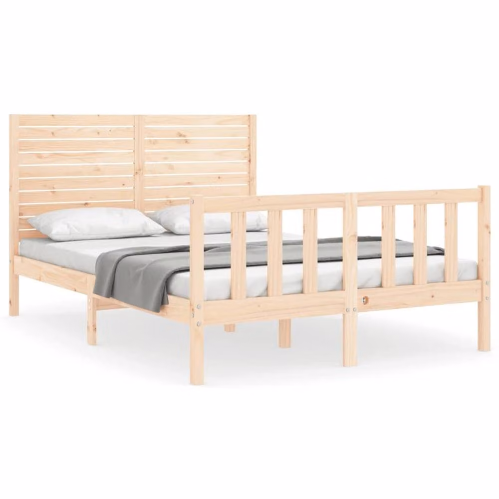 Berkfield Home Beautiful Double Bed Frame with Headboard in Natural Solid Pine Wood W/D/H: 200 x 140.5 x 100 cm – 2