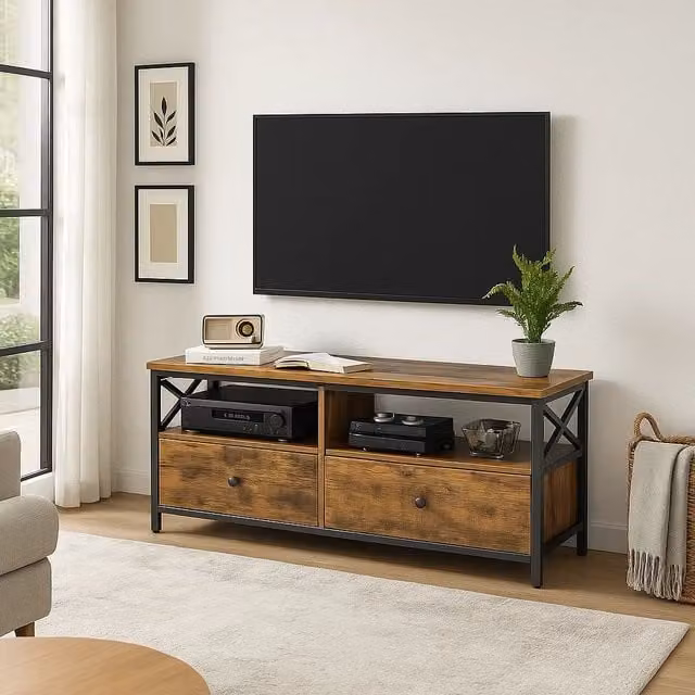 Modcraft Industrial TV Unit with Storage in Brown and Black, W/D/H: 120 x 40 x 50 cm