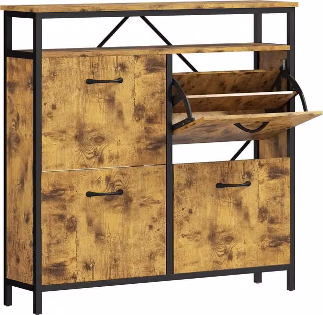 HOMCOM Industrial Shoe Storage Cabinet with 4 Tilting Compartments and Open Shelf, Brown and Black – 1