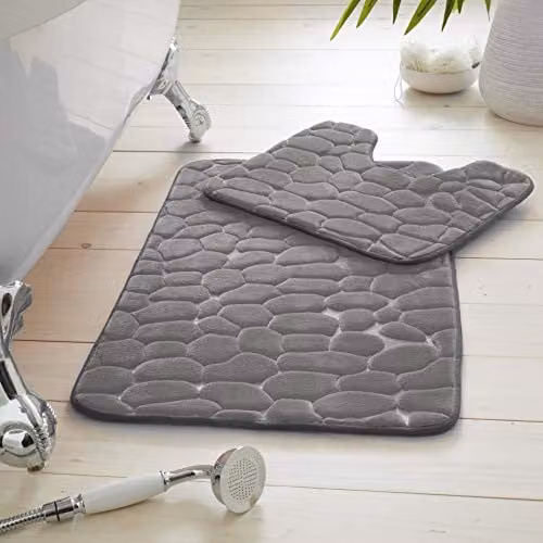 Gaveno Cavailia 2 Piece Memory Foam Pebble Bath Set in Grey with Bath Mat and WC Pedestal Mat – 1