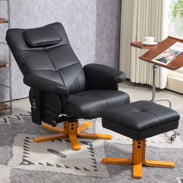 HOMCOM Massage Recliner Chair with Ottoman and Hidden Storage in Black Synthetic Leather