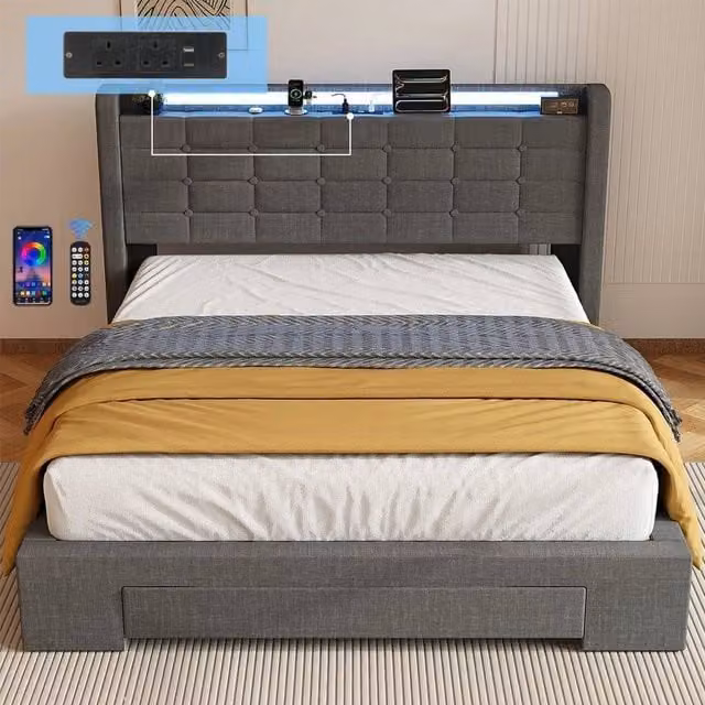 SPETLEK Grey Upholstered Panel Bed Frame with LED Under-Bed Lighting and USB Charging Port, 4FT6 Double, 140 x 200 cm