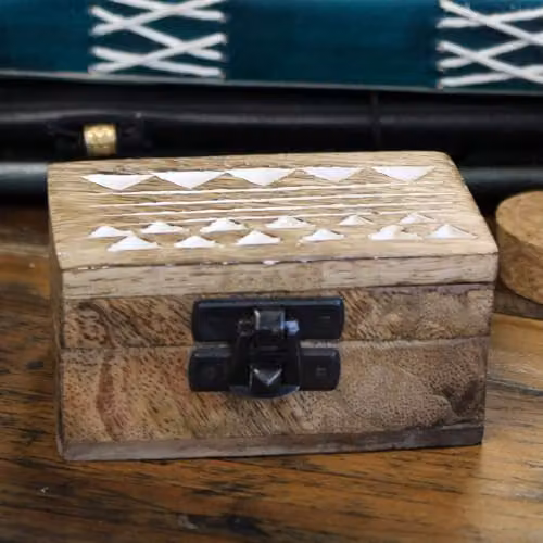 Ancient Wisdom White and Brown Washed Solid Wood Pill Box with Aztec Design – 2
