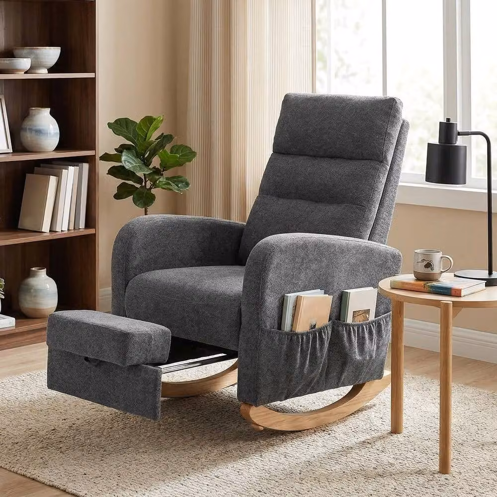 STILVORA Modern Grey Fabric Rocking Chair with Retractable Footrest and Solid Rubberwood Frame – 3