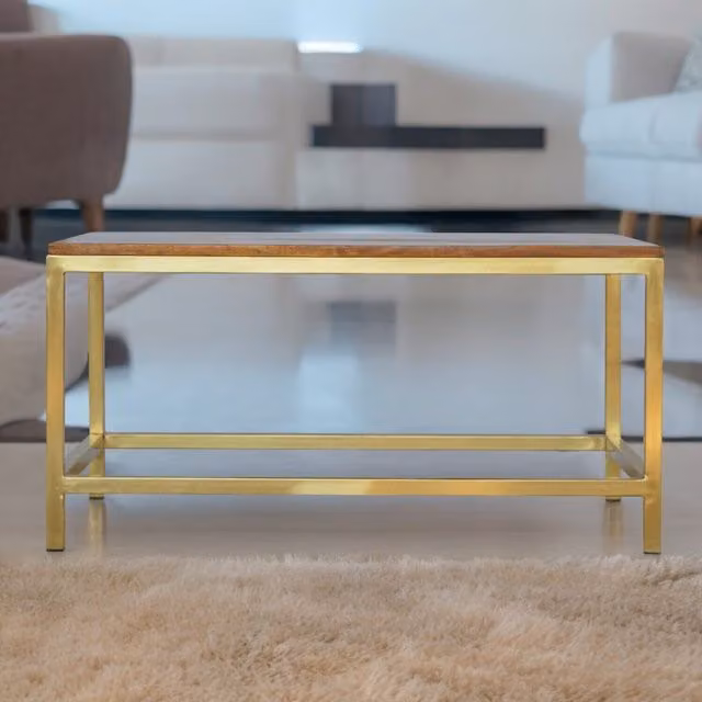 Artisan Furniture Mango Wood and Metal Rectangular Coffee Table in Gold and Brown