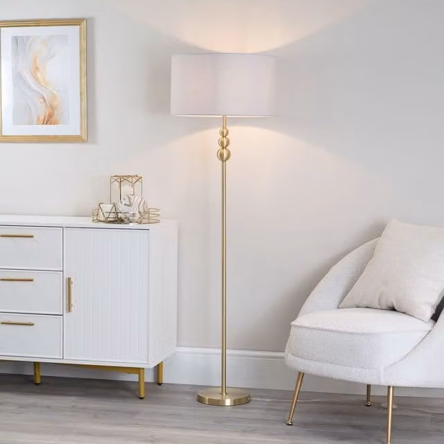 ValueLights Marissa Gold Stacked Ball Floor Lamp with Grey Fabric Drum Shade