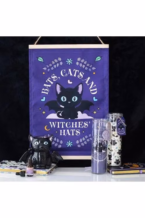 KDMD Halloween Fabric Wall Hanging with Bats, Cats and Witches Hats in Blue and Purple – 5