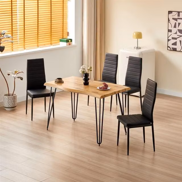 KOSY KOALA Dining Table Set with 4 Black Faux Leather Chairs, Brown Wood Rectangular Table, W/D/H: 120 x 77 x 75 cm