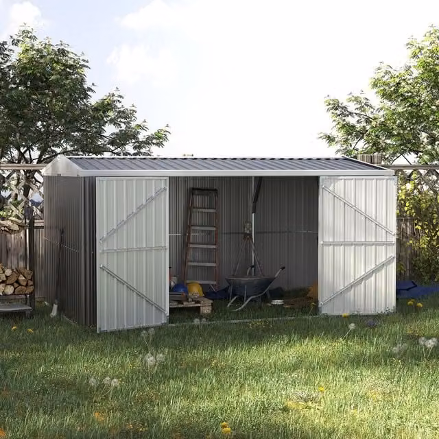 OUTSUNNY Pent Outdoor Garden Storage Shed in Grey Galvanised Steel – 1