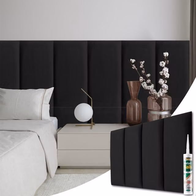 Novecrafto Set of 6 Soft Velvet Upholstered Wall Panels with Adhesive, Black, W: 60 cm, H: 30 cm – 1