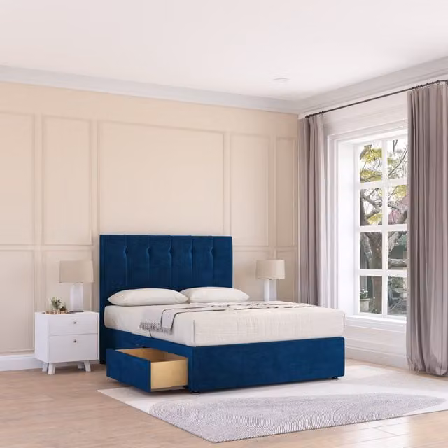 Sloomy Highbury Double Divan Bed Base and Floor Standing Headboard in Blue Velvet, W/D/H: 140 x 200 cm