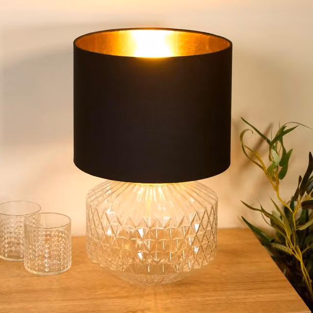 Lighting Collection Modern Clear Glass and Satin Brass Table Lamp in Gold – 1