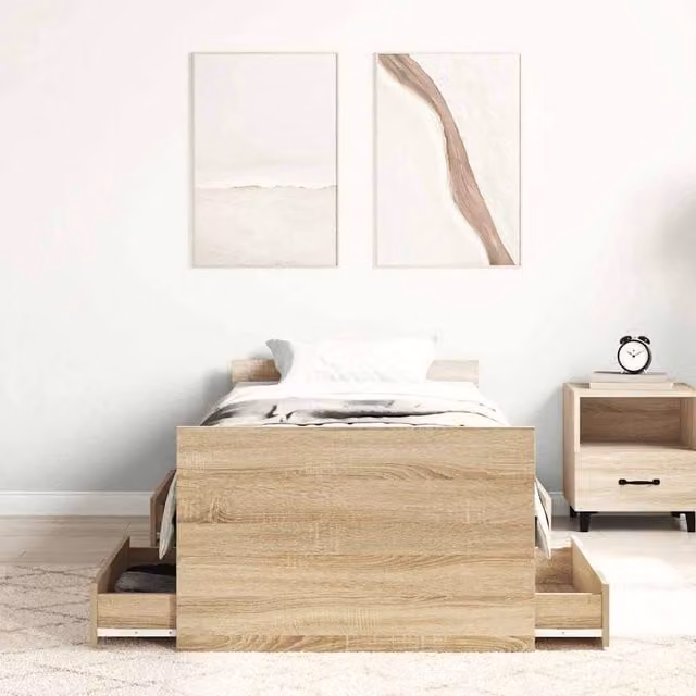 Berkfield Home Sonoma Small Single Bed Frame with Drawers in Grey and Light Oak, W/D/H: 80 x 190 cm