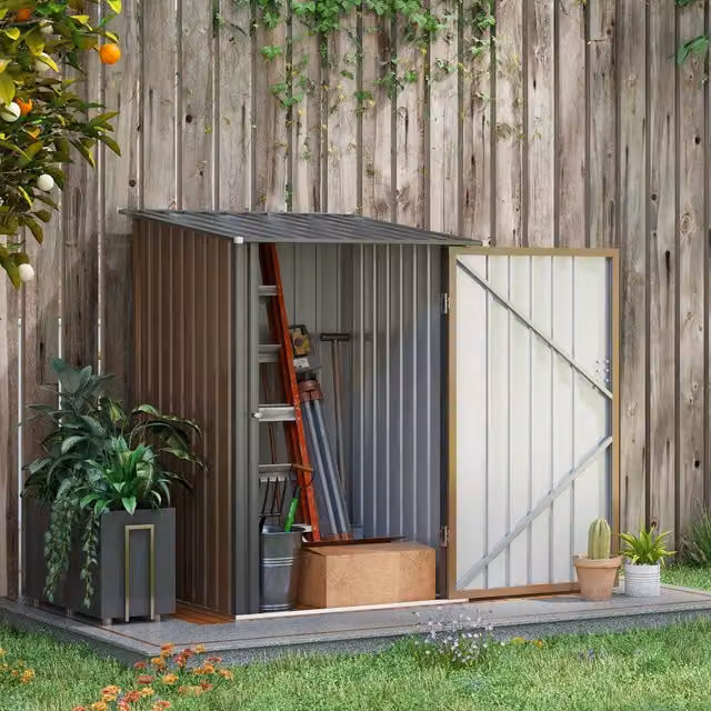 Outsunny Brown Steel Pent Lean-to Garden Storage Shed with Lockable Single Door