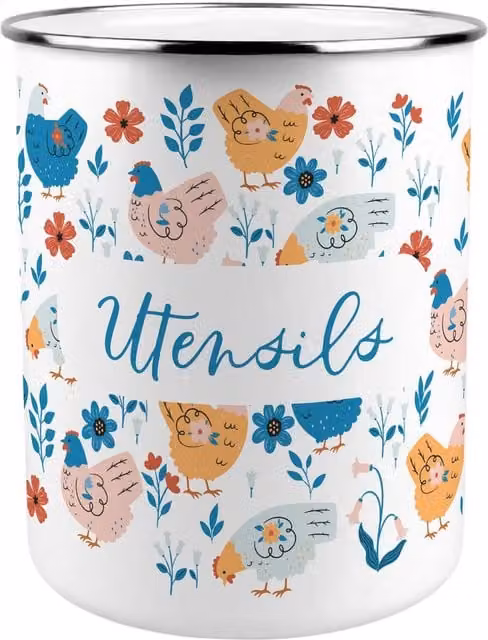 Purely Home Botanical Chickens Ceramic Kitchen Utensil Holder, Multicoloured and White