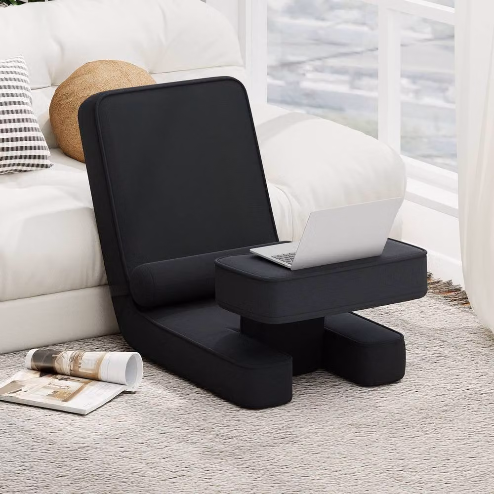 Gymax Adjustable Gaming Floor Chair with Tabletop, Black Upholstered Recliner Seat – 5