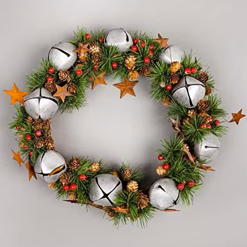 Shatchi Green and Silver Christmas Wreath with Bells, Stars and Pine Leaves, Diameter: 25 cm – 1