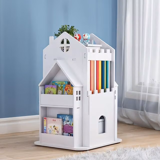 Livingandhome 3-Tier Castle-Style Rotating Kids Bookcase and Storage Shelf in White