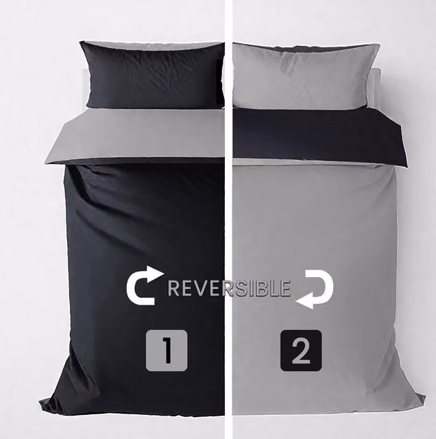 Velosso Reversible Plain Microfibre Duvet Cover and Pillowcase Set in Black and Silver, W: 140 cm, L: 200 cm