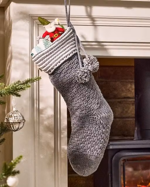 Dibor Set of 4 Grey and Gold Chunky Knit Pom Pom Christmas Stockings