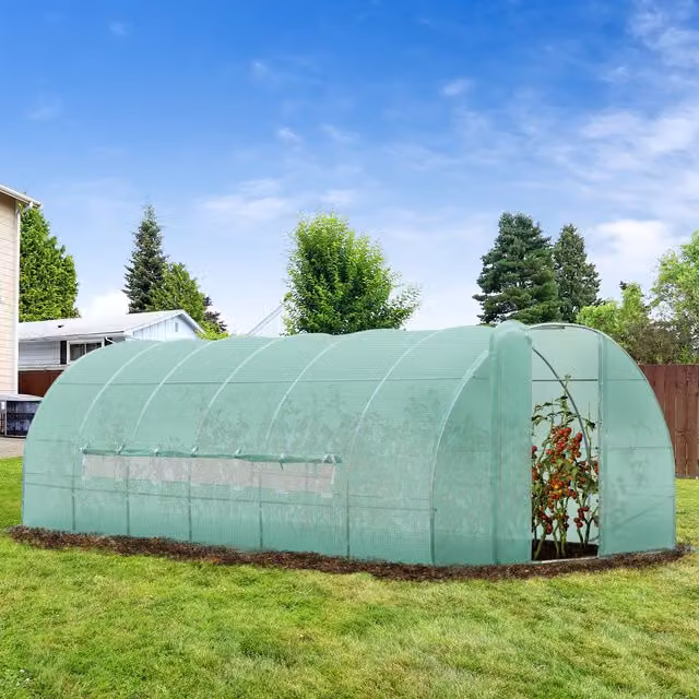 Outsunny Reinforced Walk In Polytunnel Greenhouse with Steel Frame and Window, Green