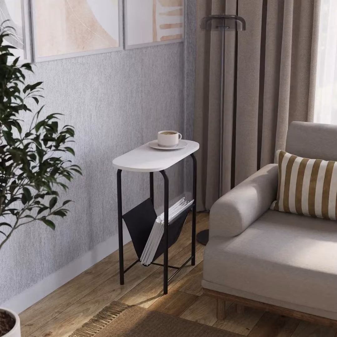 EONLION Slim Oval Side Table and Magazine Holder in White – 2