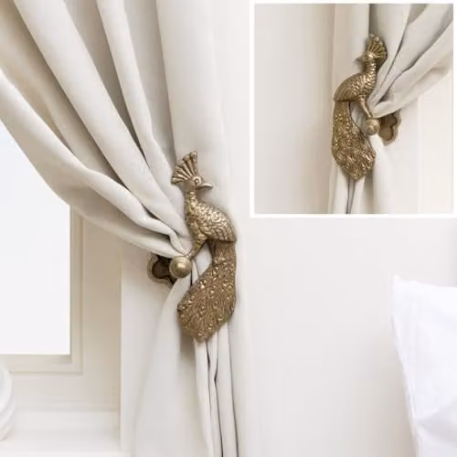 Melody Maison Set of 2 Gold Metal Peacock Curtain Tie Backs