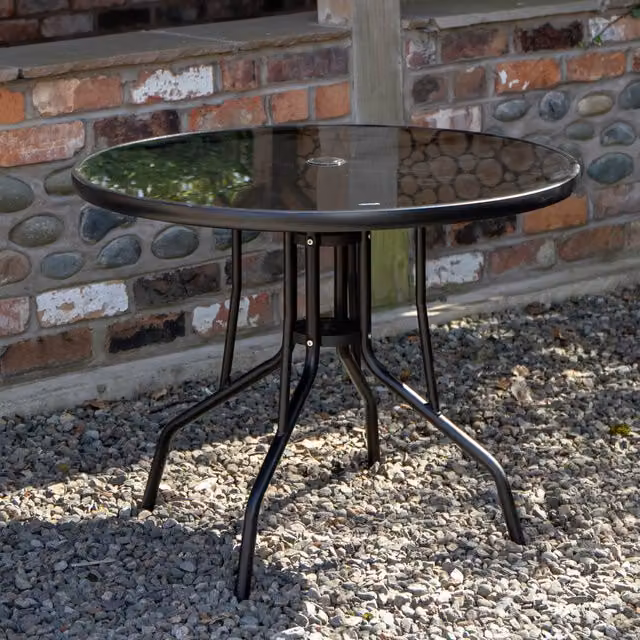 Samuel Alexander 4 Person Round Black Garden Table with Glass Top and Parasol Hole, W/D/H: 90 x 90 x 70 cm – 1