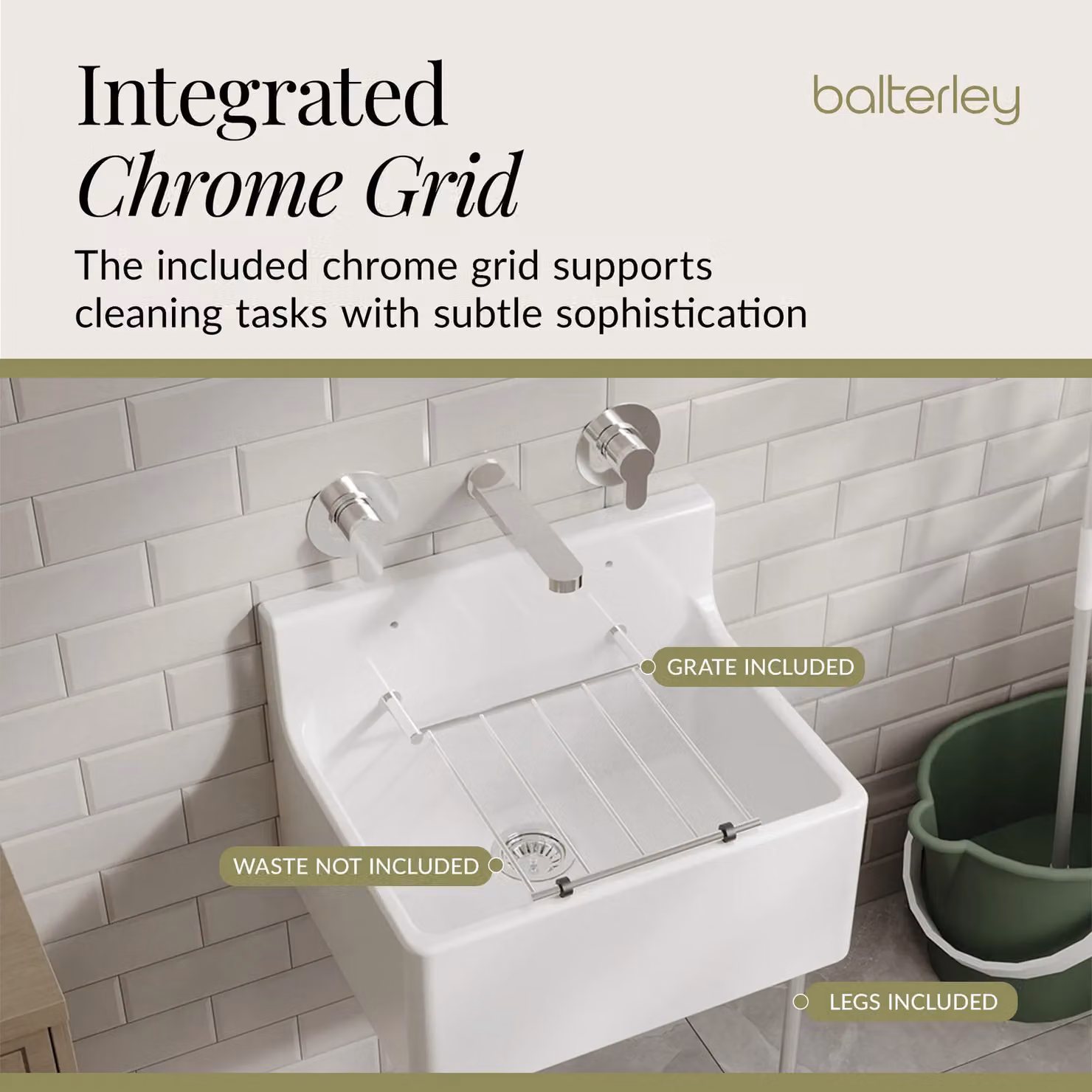 Balterley White Ceramic 1 Bowl Fireclay Kitchen Sink with Cleaner and Grill Legs W/D/H: 51.5 x 38.2 x 39.3 cm – 2