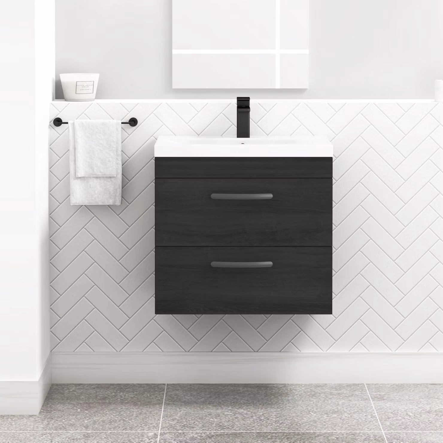 Royal Bathrooms Turin 600mm Wall Hung Vanity Unit in Hale Black with 2 Drawers and Matt Black Handles