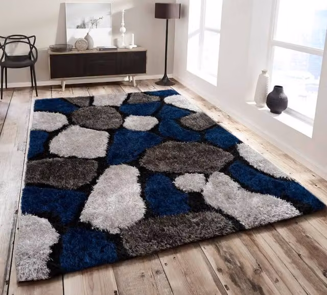 Home Republic Pebbles Carved Shaggy Textured Fluffy Rug in Blue, W: 200 cm, D: 290 cm