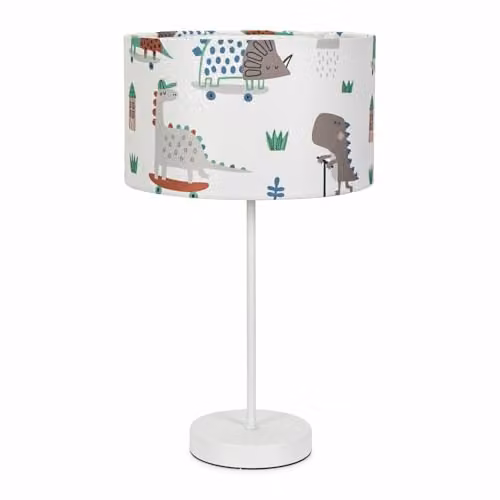 ValueLights White Metal Single Stem Table Lamp with Kids Cartoon Dino Drum Lampshade and LED Bulb – 1