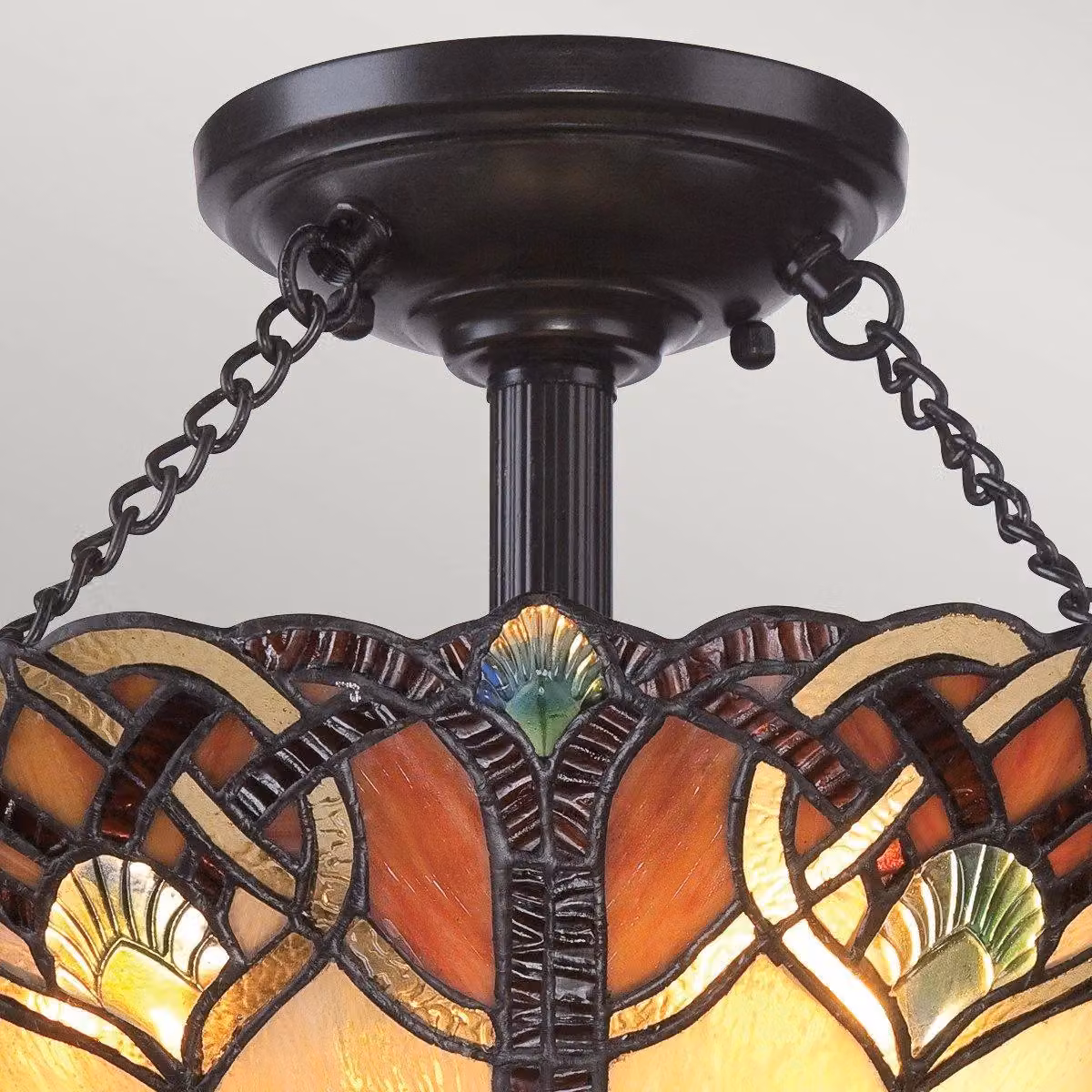 Netlighting Cambridge 2 Light Semi Flush Ceiling Light in Vintage Bronze with Multicolour Tiffany Glass and E27 Base – 2