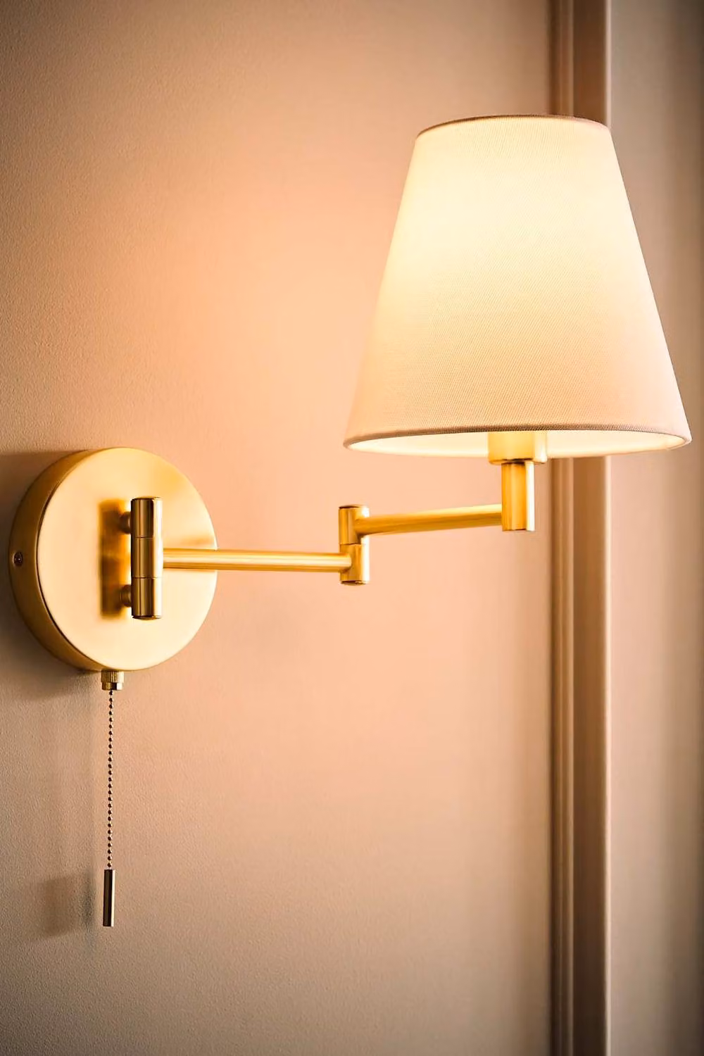 ValueLights Sonia Pair of Adjustable Swing Arm Wall Lights with Fabric Cone Shades and Bulbs in Gold/Brass – 2