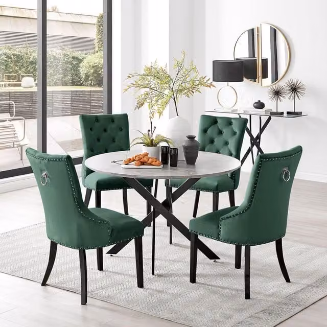 FurnitureboxUK Novara Grey Concrete Round Dining Table and 4 Belgravia Green Velvet Chairs with Black Legs