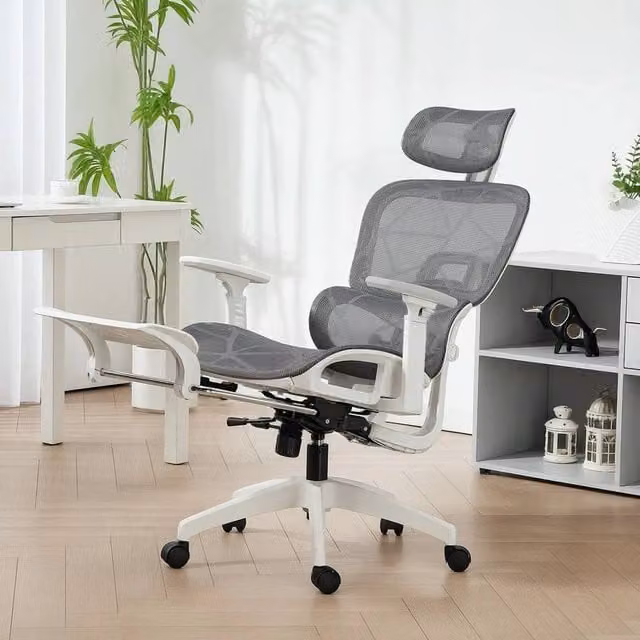 KORVIXA Grey and White Executive Office Chair with Headrest and Seat Depth Adjustment