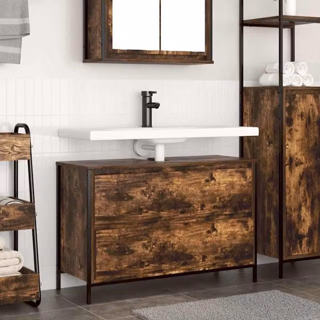 Berkfield Home Bathroom Basin Cabinet with Drawers in Smoked Oak Brown, W: 90 cm, D: 34.5 cm, H: 60 cm – 1