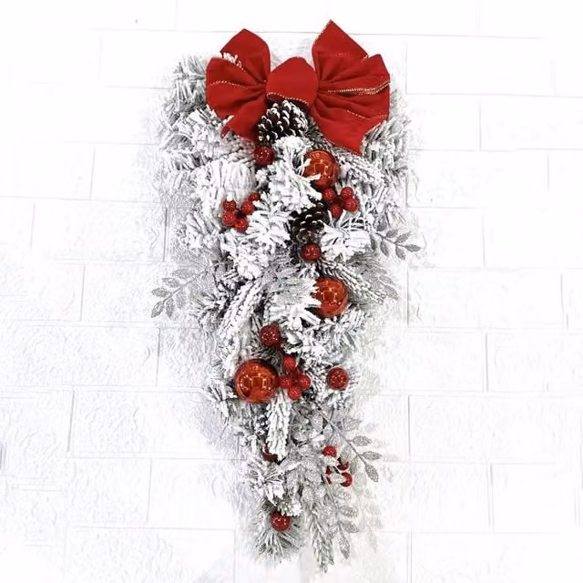 FLAVORA S-Wall Hanging Snowy Christmas Wreath in Red, W: 100 cm, H: 60 cm